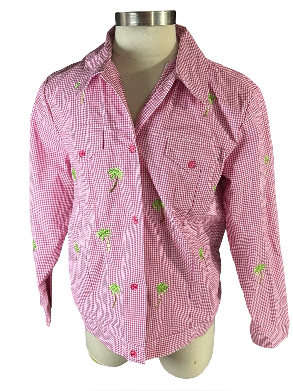 Vtg Quacker Factory Pink Gingham Jacket Womens L Palm Tree Embroidered Shacket